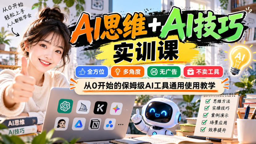 【无水印】AI思维+AI技巧实训课，全方位、多角度、无广告、不卖工具，从0开始的保姆级AI工具通用使用教学-星火轻创