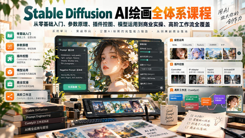 【无水印】Stable Diffusion AI绘画全体系课程，从零基础入门、参数原理、插件控图、模型运用到商业实操、高阶工作流全覆盖-星火轻创