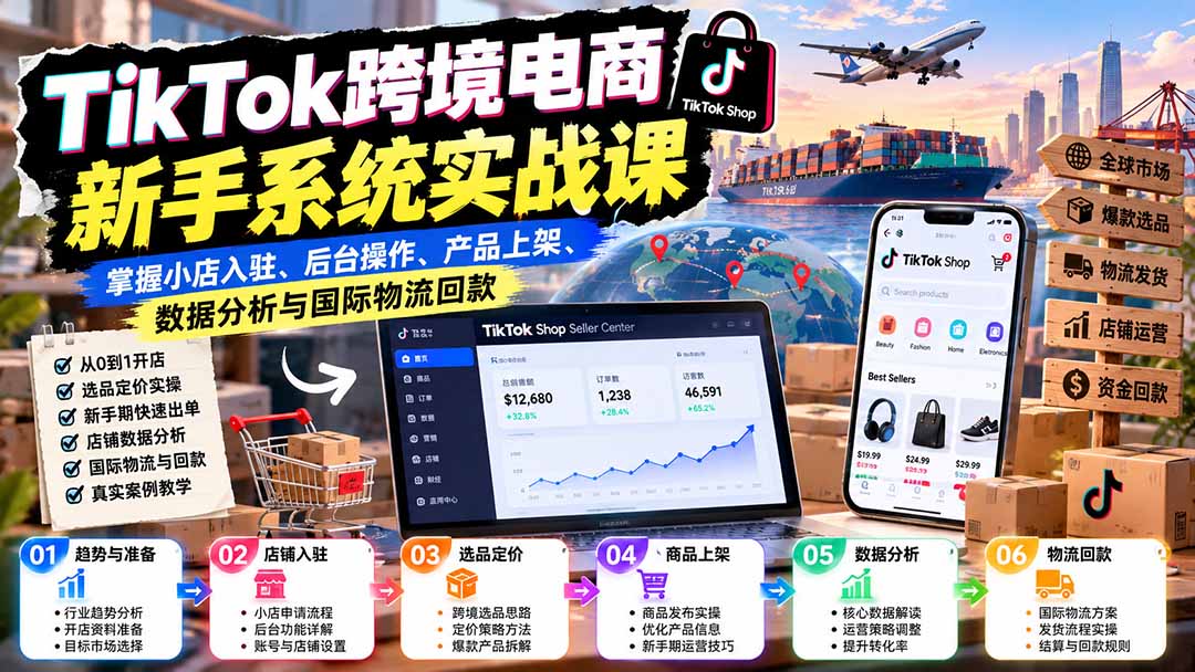 TikTok跨境电商新手系统实战课:掌握小店入驻、后台操作、产品上架、数据分析与国际物流回款-星火轻创