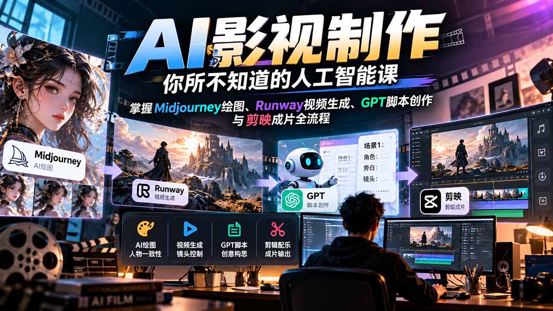 【无水印】AI影视制作-你所不知道的人工智能课,掌握Midjourney绘图、Runway视频生成、GPT脚本创作与剪映成片全流程-星火轻创