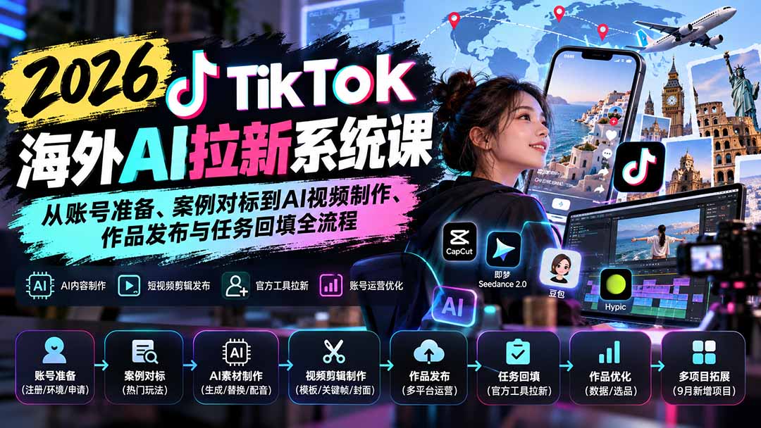 【无水印】2026 TikTok海外AI拉新系统课:从账号准备、案例对标到AI视频制作、作品发布与任务回填全流程-星火轻创