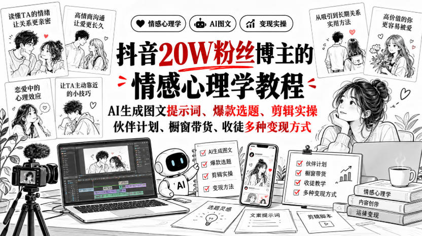 抖音20W粉丝博主静候心声的情感心理学教程,AI生成图文提示词、爆款选题、剪辑实操,伙伴计划、橱窗带货、收徒多种变现方式-星火轻创