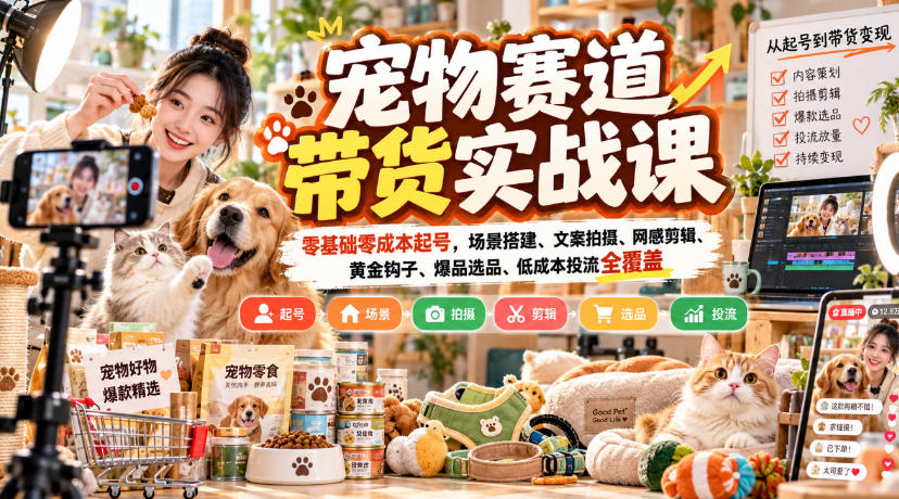 宠物赛道带货实战课，零基础零成本起号，场景搭建、文案拍摄、网感剪辑、黄金钩子、爆品选品、低成本投流全覆盖-星火轻创