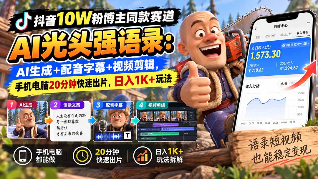 【无水印】抖音10W粉博主同款赛道AI光头强语录:AI生成+配音字幕+视频剪辑,手机电脑20分钟快速出片,日入1K+玩法-星火轻创