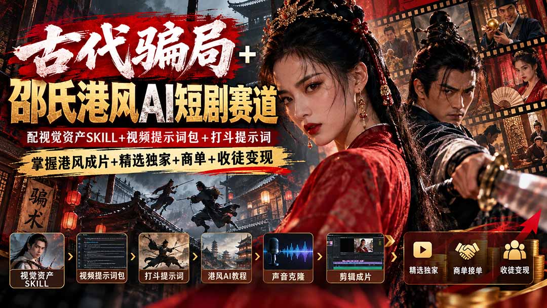 古代骗局+邵氏港风AI短剧赛道:配视觉资产SKILL+视频提示词包+打斗提示词,掌握港风成片+精选独家+商单+收徒变现-星火轻创