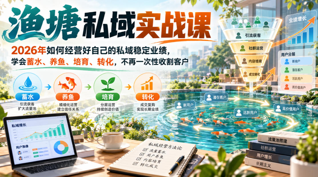 渔塘私域实战课，2026年如何经营好自己的私域稳定业绩，学会蓄水、养鱼、培育、转化，不再一次性收割客户-星火轻创