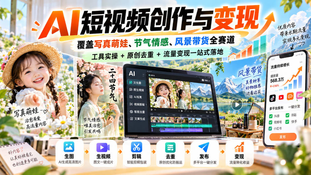 AI短视频创作与变现，覆盖写真萌娃、节气情感、风景带货全赛道，工具实操+原创去重+流量变现一站式落地-星火轻创