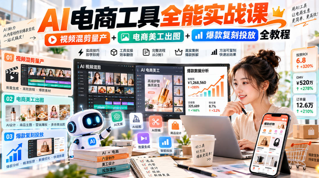 AI电商工具全能实战教学,视频混剪量产+电商美工出图+爆款复刻投放全教程-星火轻创