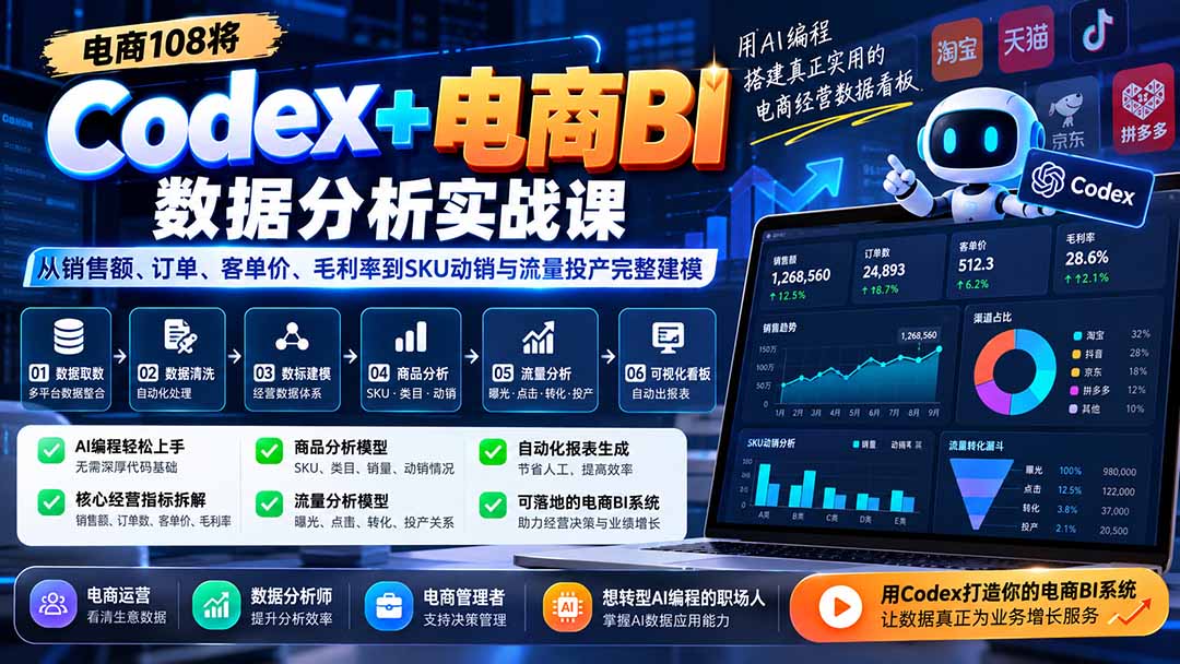 Codex+电商BI数据分析实战课-更新：从销售额、订单、客单价、毛利率到SKU动销与流量投产完整建模-星火轻创