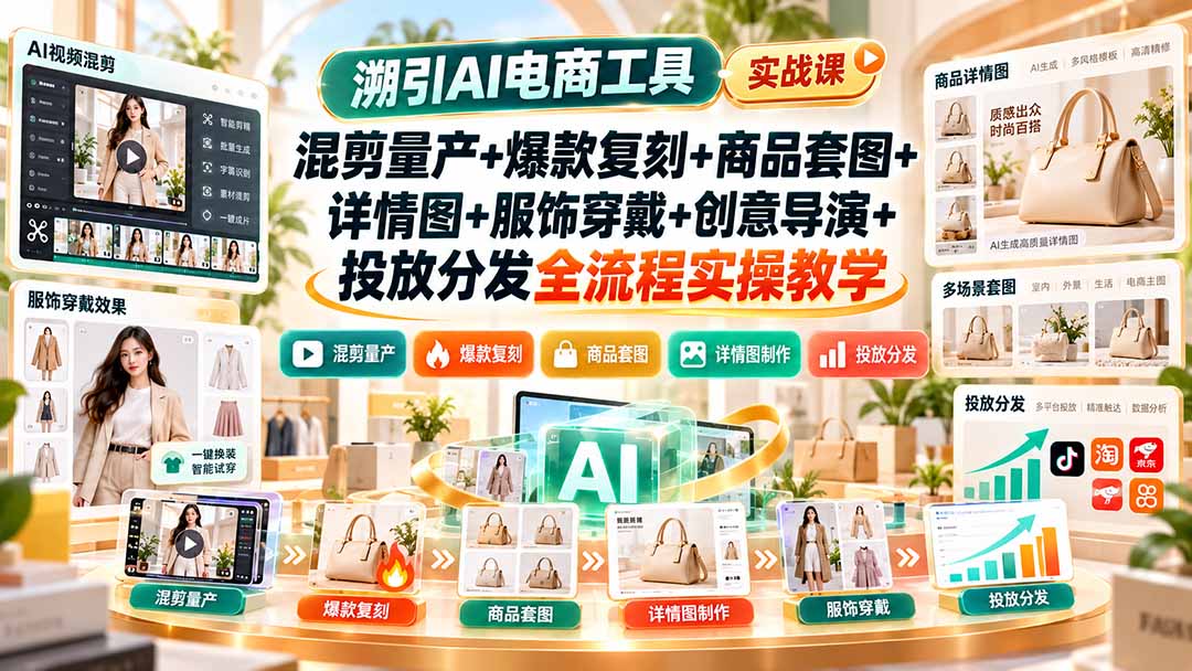 溯引AI电商工具实战课:混剪量产+爆款复刻+商品套图+详情图+服饰穿戴+创意导演+投放分发全流程实操教学-星火轻创