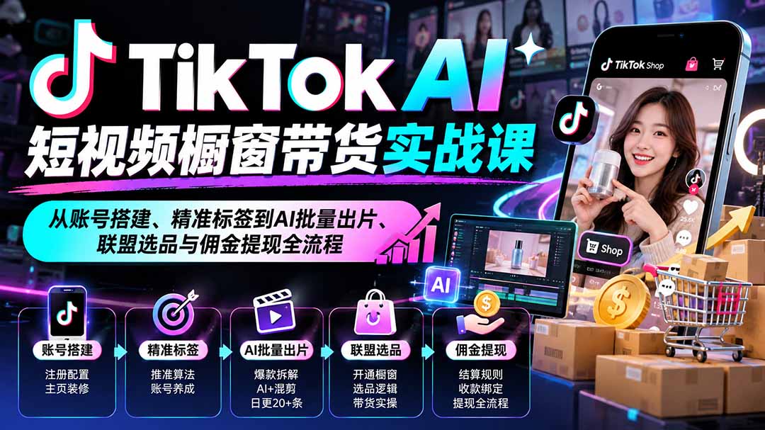 TikTok AI短视频橱窗带货实战课:从账号搭建、精准标签到AI批量出片、联盟选品与佣金提现全流程-星火轻创