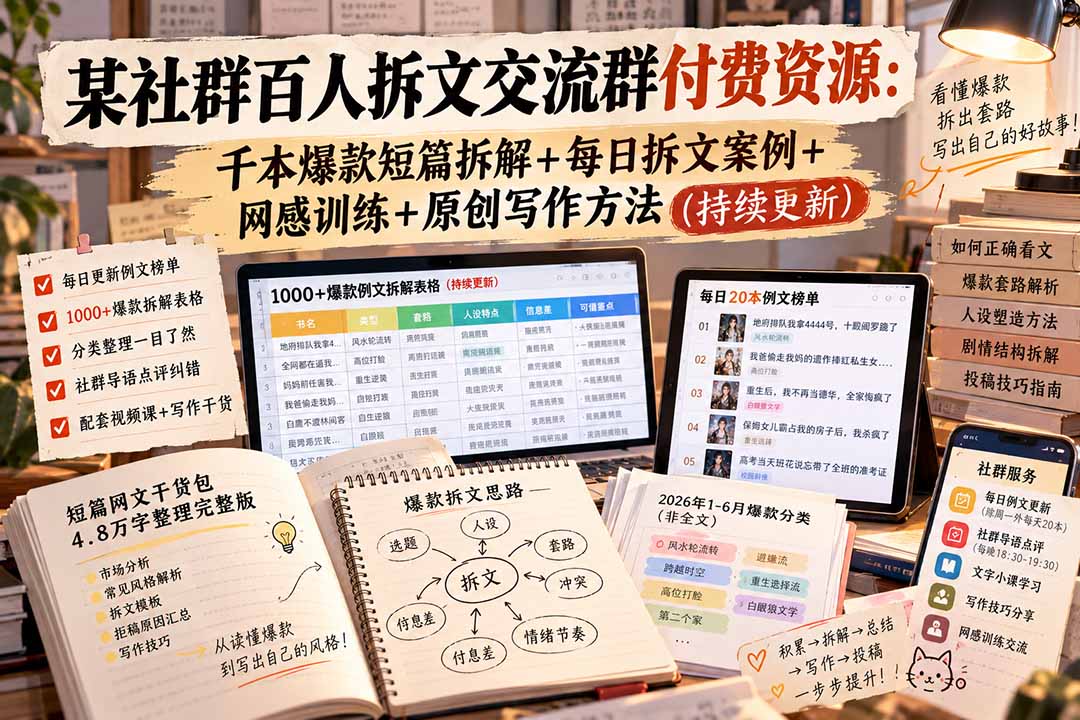 某社群百人拆文交流群付费资源-更新0929：千本爆款短篇拆解+每日拆文案例+网感训练+原创写作方法-星火轻创