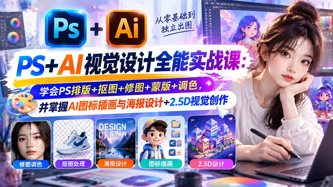 【无水印】PS+AI视觉设计全能实战课：学会PS排版+抠图+修图+蒙版+调色，并掌握AI图标插画与海报设计+2.5D视觉创作-星火轻创