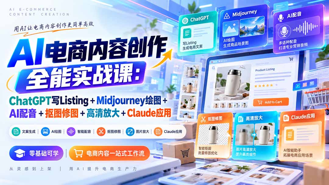 【无水印】AI电商内容创作全能实战课:ChatGPT写Listing+Midjourney绘图+AI配音+抠图修图+高清放大+Claude应用-星火轻创