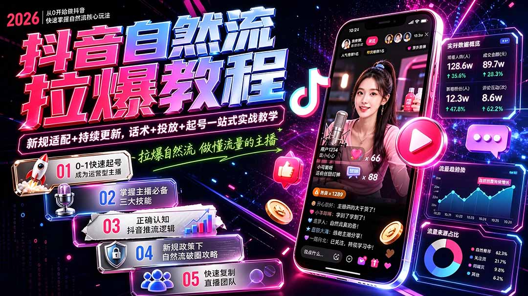 抖音自然流拉爆教程-更新1002:做懂流量的主播,新规适配+持续更新,话术+投放+起号一站式实战教学-星火轻创