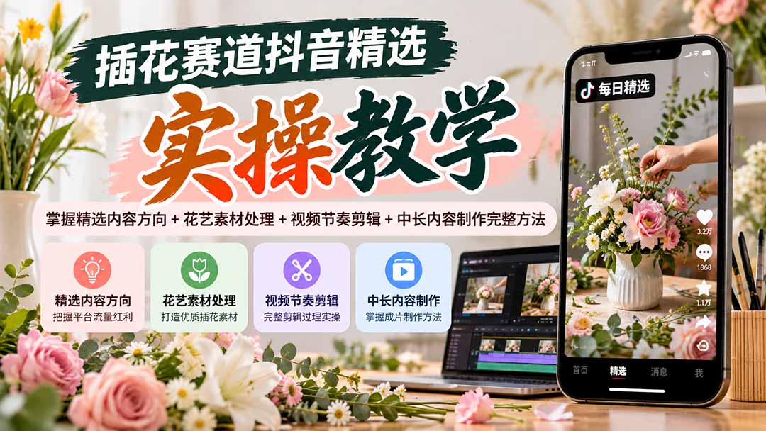 插花赛道抖音精选实操教学:掌握精选内容方向+花艺素材处理+视频节奏剪辑+中长内容制作完整方法-星火轻创
