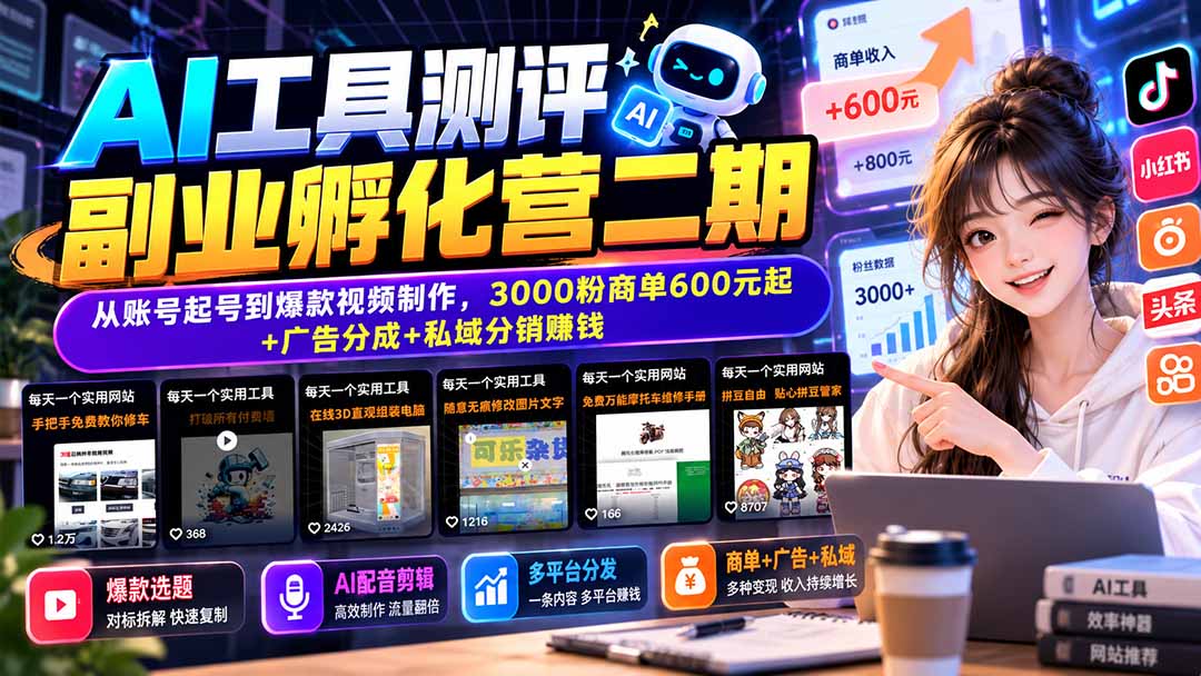 AI工具测评副业孵化营二期:从账号起号到爆款视频制作,3000粉商单600元起+广告分成+私域分销赚钱-星火轻创