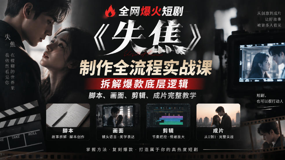 全网爆火短剧《失焦》制作全流程实战课｜拆解爆款底层逻辑，脚本、画面、剪辑、成片完整教学-星火轻创