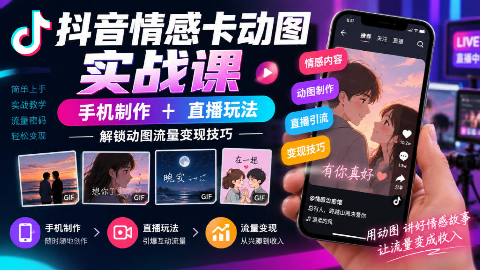 抖音情感卡动图实战课｜手机制作+直播玩法，解锁动图流量变现技巧-星火轻创