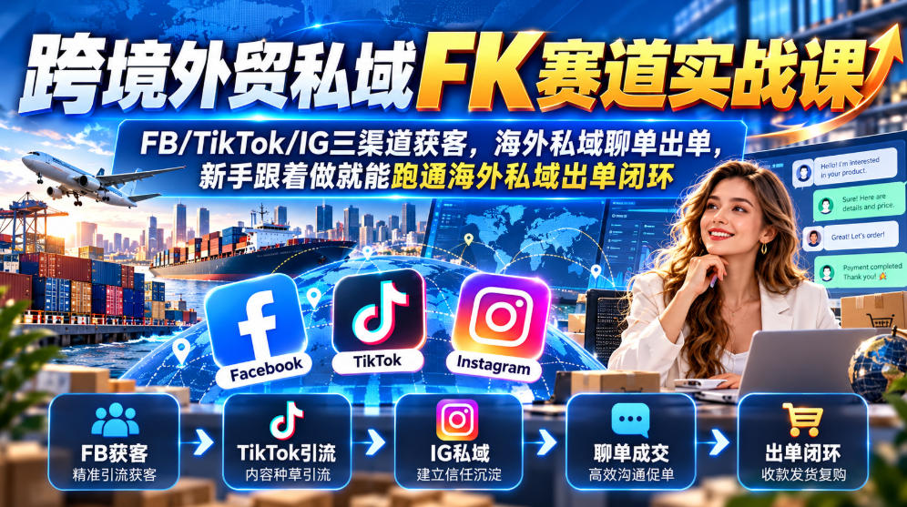 跨境外贸私域FK赛道实战课｜FB/TikTok/IG三渠道获客，海外私域聊单出单，新手跟着做就能跑通海外私域出单闭环-星火轻创