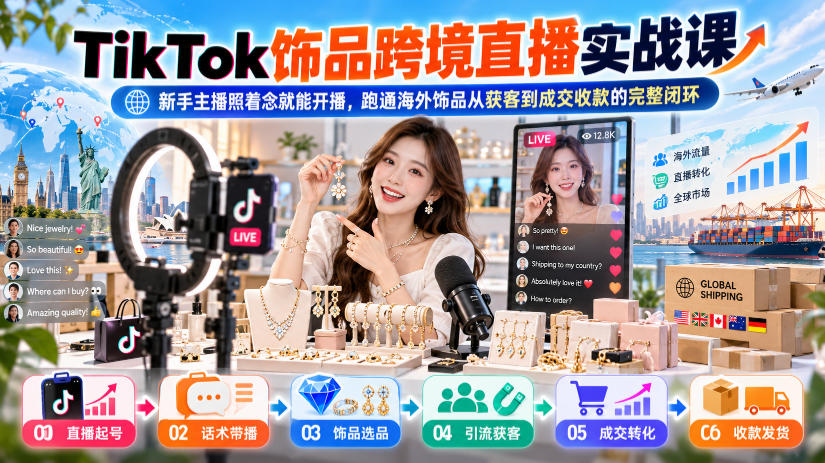 TikTok饰品跨境直播实战课，新手主播照着念就能开播，跑通海外饰品从获客到成交收款的完整闭环-星火轻创