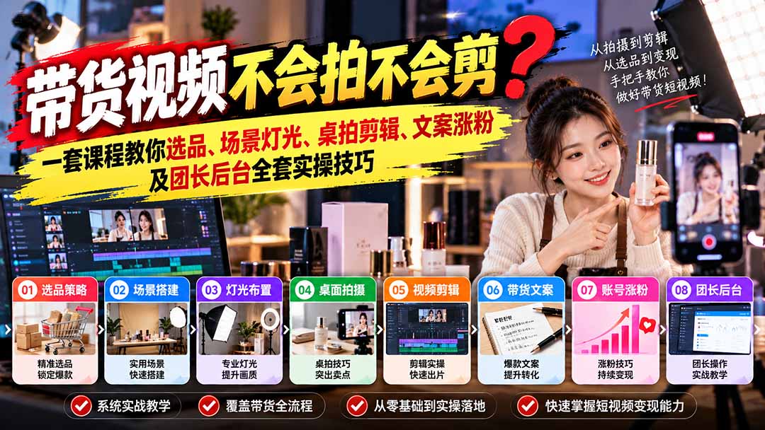 带货视频不会拍不会剪？一套课程教你选品、场景灯光、桌拍剪辑、文案涨粉及团长后台全套实操技巧  复制标题-星火轻创