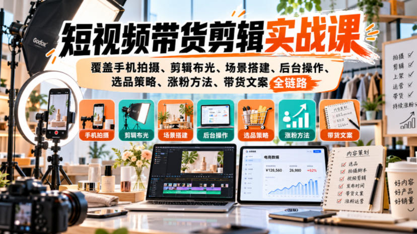 短视频带货剪辑实战课，覆盖手机拍摄、剪辑布光、场景搭建、后台操作、选品策略、涨粉方法、带货文案全链路-星火轻创