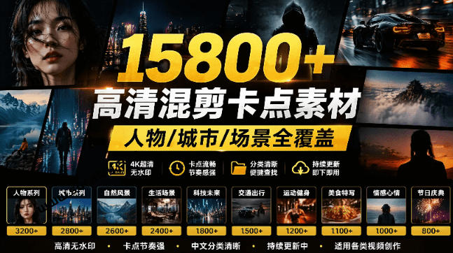【影视剪辑素材合集】15800+高清混剪卡点｜热门影视精彩片段｜人物/城市/场景全覆盖，中文分类清晰-星火轻创