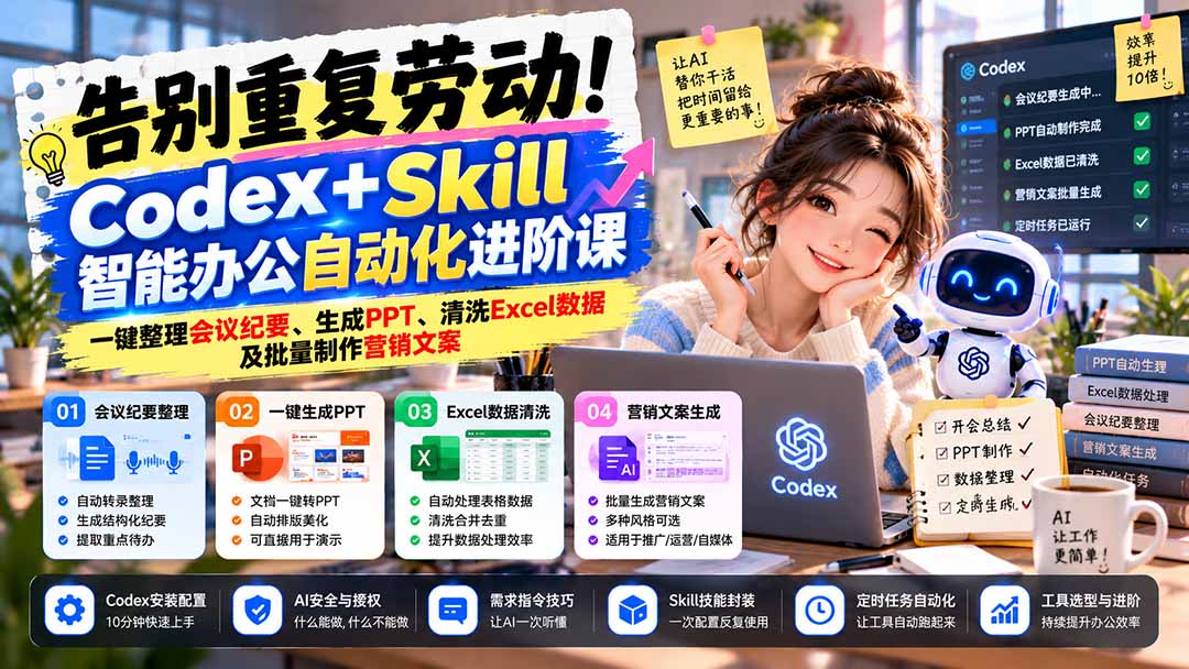 告别重复劳动！Codex+Skill智能办公自动化进阶课：一键整理会议纪要、生成PPT、清洗Excel数据及批量制作营销文案-星火轻创