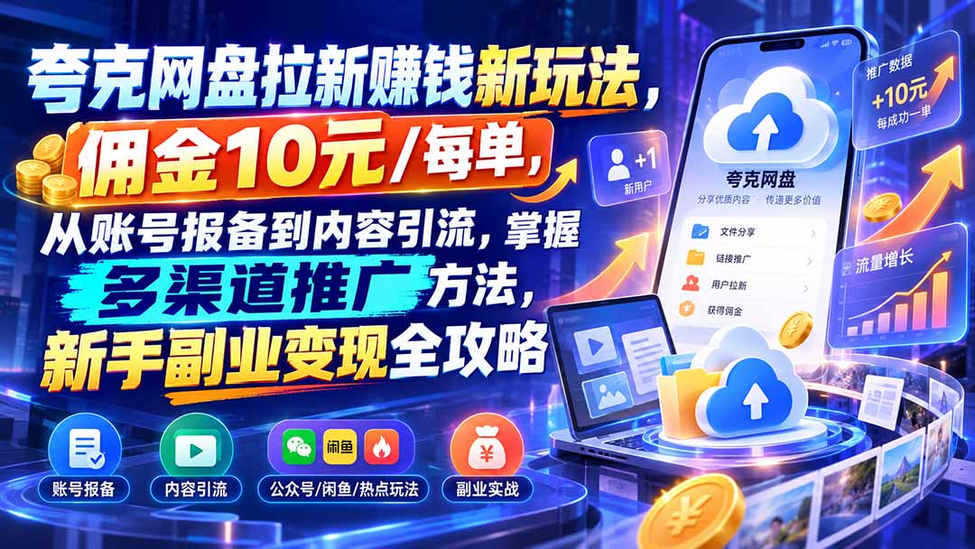 夸克网盘拉新赚钱新玩法，佣金10元/每单，从账号报备到内容引流，掌握多渠道推广方法，新手副业变现全攻略-星火轻创