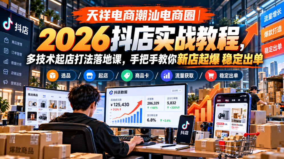 天祥电商潮汕电商圈｜2026抖店实战教程，多技术起店打法落地课，手把手教你新店起爆稳定出单-星火轻创