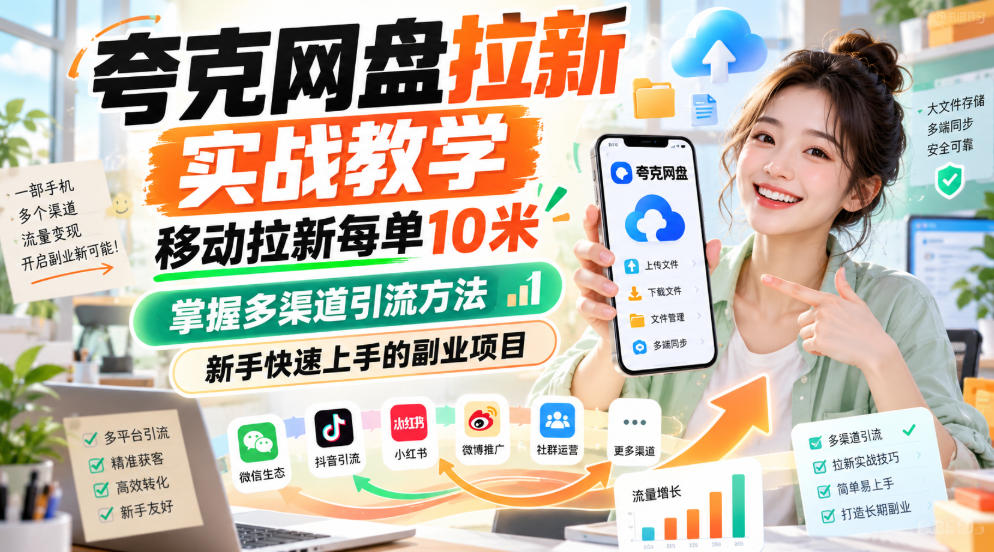 夸克网盘拉新实战教学，移动拉新每单10米，掌握多渠道引流方法，新手快速上手的副业项目(更新1023)-星火轻创