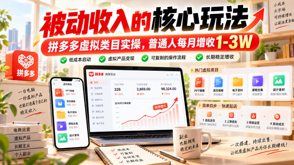 被动收入的核心玩法，拼多多虚拟类目实操，普通人每月增收1-3W【揭秘】-星火轻创