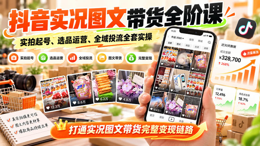 抖音实况图文带货全阶课｜实拍起号、选品运营、全域投流全套实操，打通实况图文带货完整变现链路-星火轻创