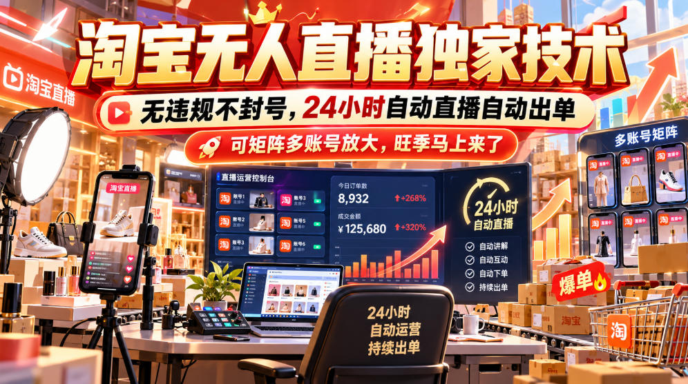 淘宝无人直播独家技术，无违规不封号，24小时自动直播自动出单，可矩阵多账号放大，旺季马上来了【揭秘】-星火轻创