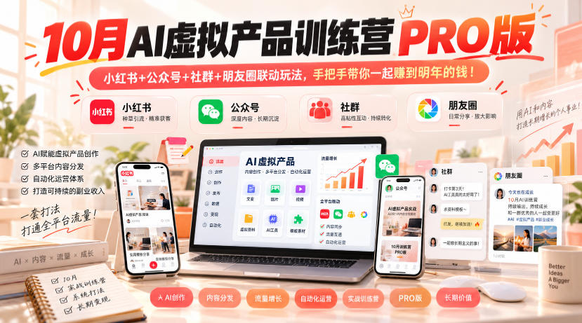 10月AI虚拟产品训练营PRO版，小红书+公众号+社群+朋友圈联动玩法，手把手带你一起赚到明年的钱！(更新1029)-星火轻创