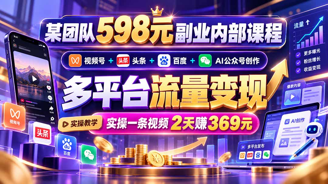 某团队598元副业内部课程：视频号+头条+百度+AI公众号创作、多平台流量变现，实操一条视频2天赚369元-星火轻创