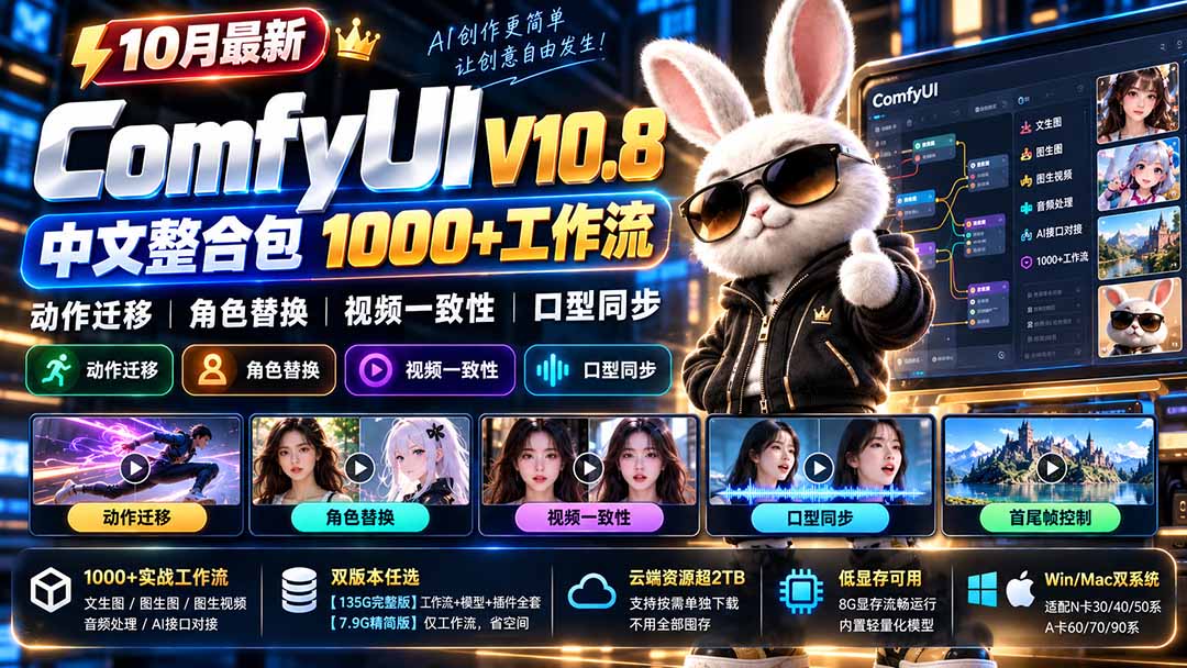 10月最新ComfyUI V10.8中文整合包 1000+工作流 动作迁移 角色替换 视频一致性 口型同步 低显存可用-星火轻创