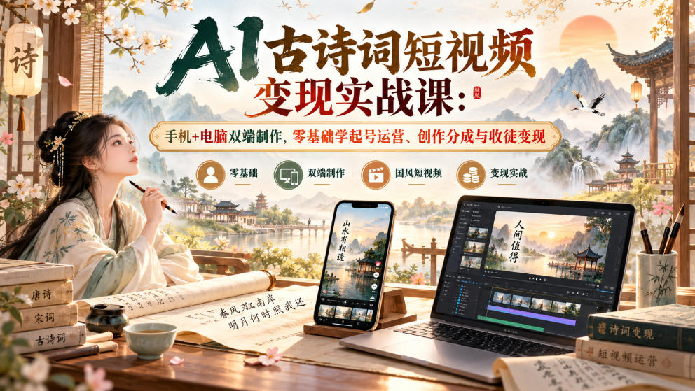 AI古诗词短视频变现实战课：手机+电脑双端制作，零基础学起号运营、创作分成与收徒变现-星火轻创