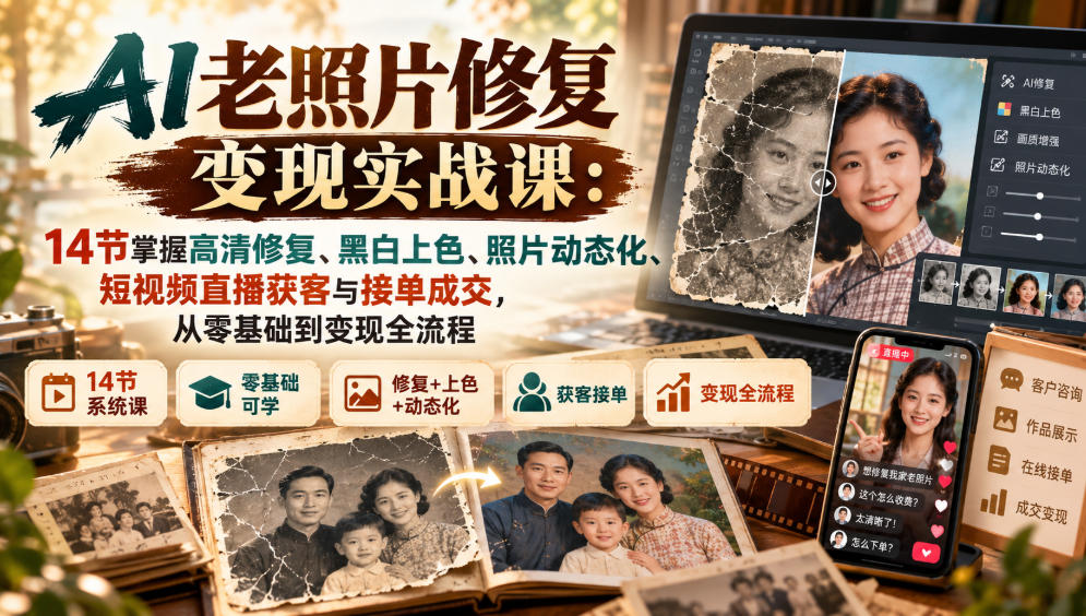 AI老照片修复变现实战课：14节掌握高清修复、黑白上色、照片动态化、短视频直播获客与接单成交，从零基础到变现全流程-星火轻创