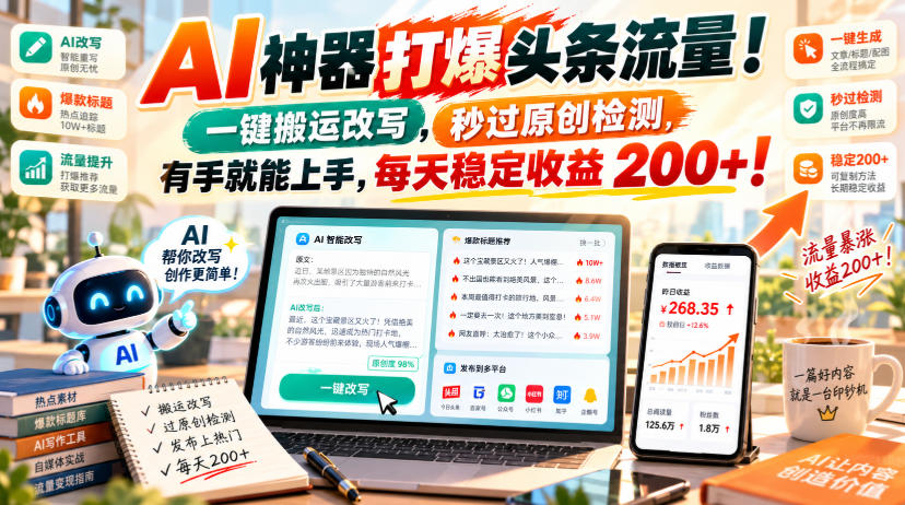 AI神器打爆头条流量，一键搬运改写，秒过原创检测，有手就能上手，每天稳定收益200+！【揭秘】-星火轻创