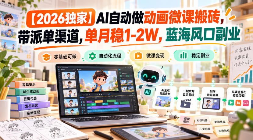 【2026独家】AI自动做动画微课搬砖，带派单渠道，单月稳1-2W，蓝海风口副业【揭秘】-星火轻创