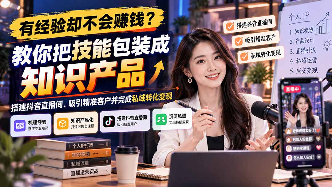 有经验却不会赚钱？教你把技能包装成知识产品，搭建抖音直播间、吸引精准客户并完成私域转化变现-星火轻创