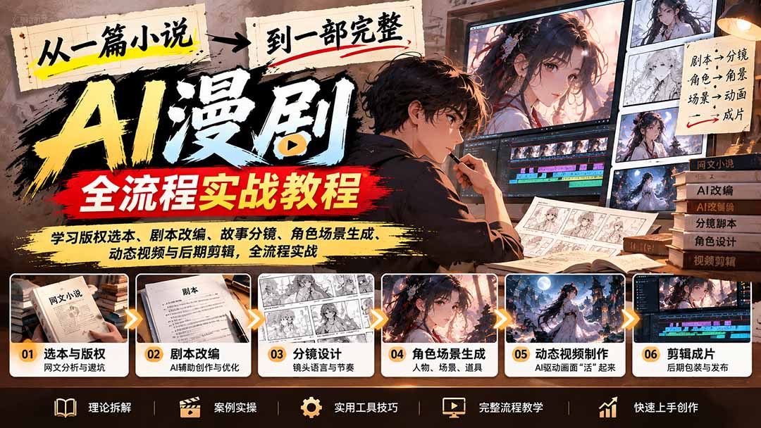 从一篇小说到一部完整AI漫剧：学习版权选本、剧本改编、故事分镜、角色场景生成、动态视频与后期剪辑-星火轻创