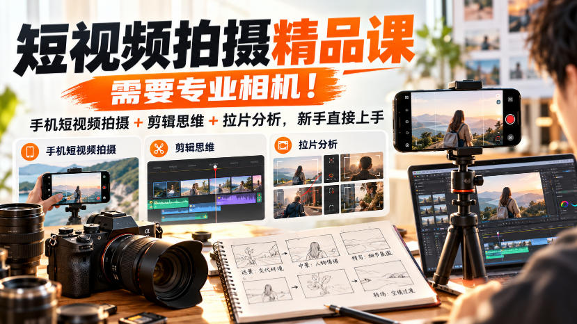 短视频拍摄精品课，需要专业相机！手机短视频拍摄+剪辑思维+拉片分析，新手直接上手-星火轻创