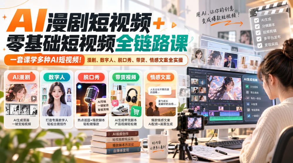 AI漫剧短视频+零基础短视频全链路课，一套课学多种AI短视频！漫剧、数字人、脱口秀、带货、情感文案全实操-星火轻创