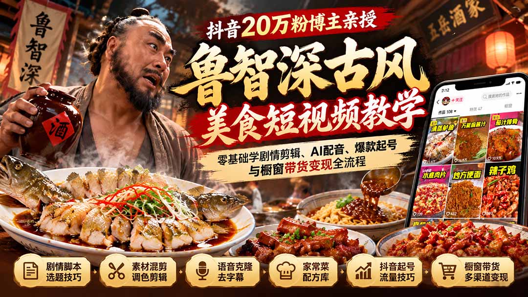 抖音20万粉博主亲授鲁智深古风美食玩法:零基础学剧情剪辑、AI配音、爆款起号与橱窗带货变现全流程-星火轻创
