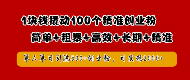 1块钱撬动100个精准创业粉，简单粗暴高效长期精准，单人单日引流500+创业粉，日变现2k【揭秘】-星火轻创