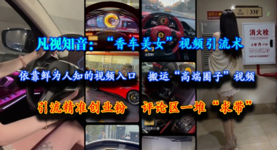 凡视知音：“香车美女”视频引流术，依靠鲜为人知的视频入口，搬运“高端圈子”视频，引流精准创业粉，评论区一堆“求带”-星火轻创