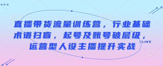 直播带货流量训练营,行业基础术语扫盲,起号及账号破层级,运营型人设主播提升实战